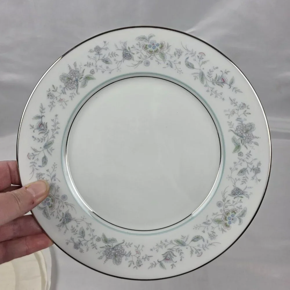 FOUR Oxford China Spring Salad Plate Multicolor Floral Rim Aqua Band